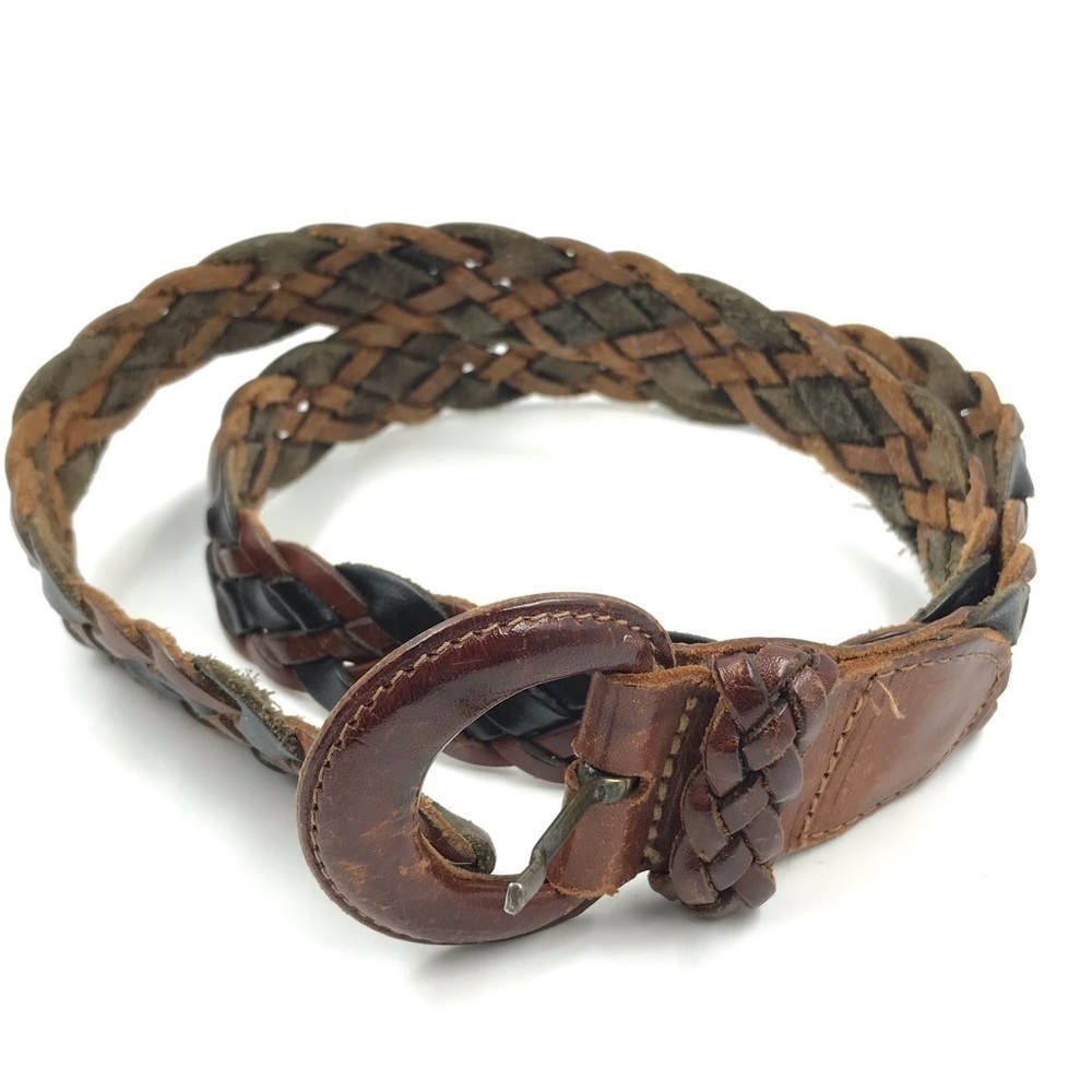 Vintage Genuine Leather Braided Two-toned Brown/Black Leather Buckle Belt size S